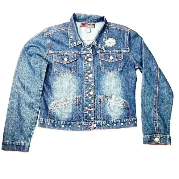 Jean Jackets & Blazers - NEESO London Women's Jean Jacket L Metal Studs‎ Patches Red New York Retro Y2K